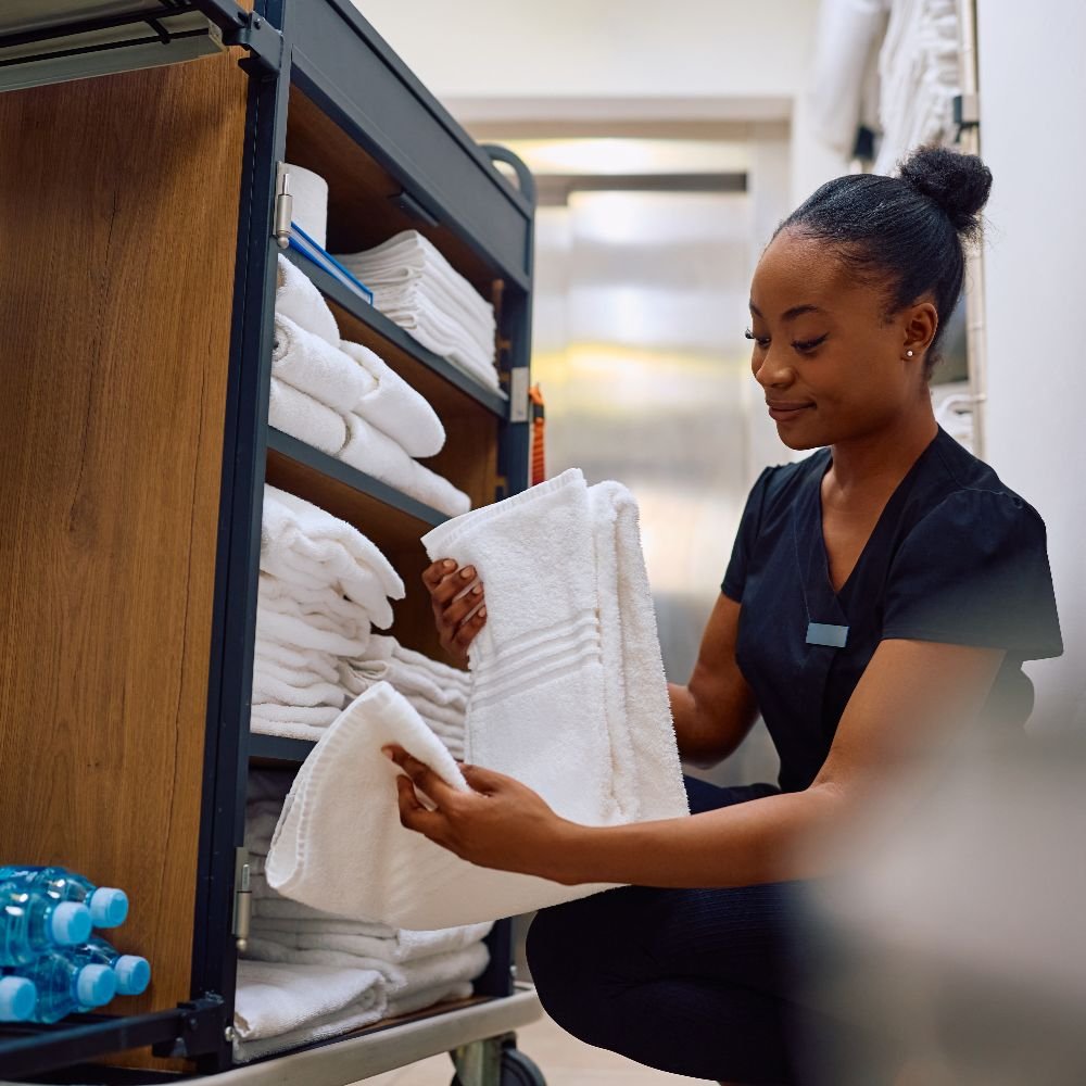 Housekeeping staff restocking clean towels from a commercial laundry service
