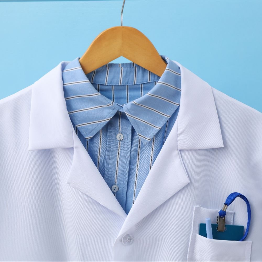 Clean white lab coat prepared by commercial laundry service for healthcare staff