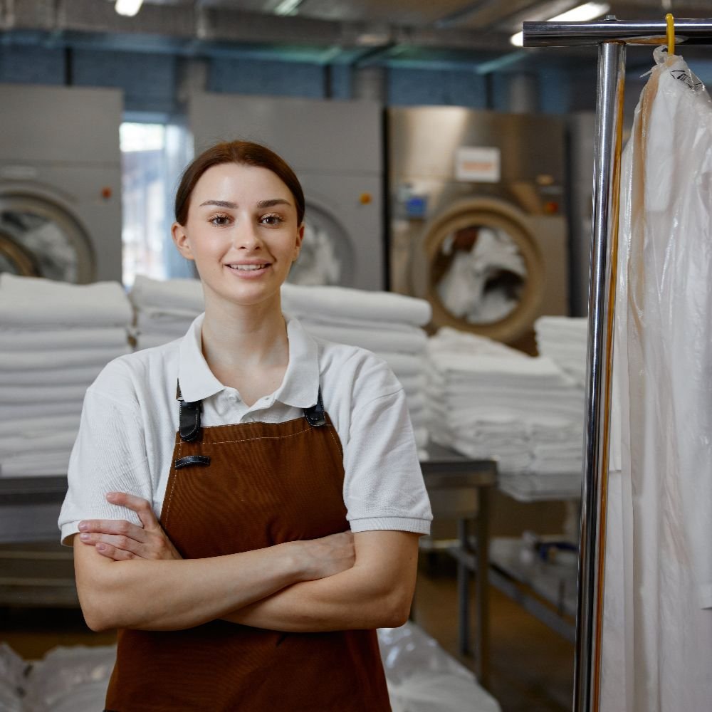 Professional laundry worker with clean linens in an industrial laundry facility