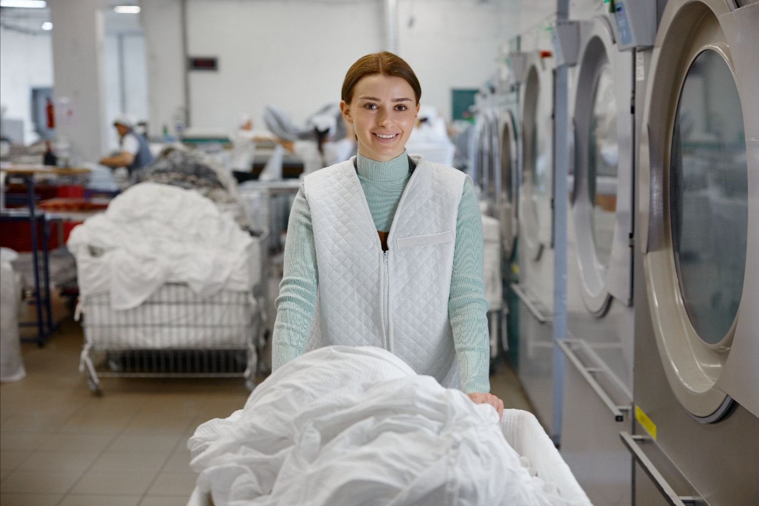 Commercial laundry worker handling clean linens beside industrial washing machines