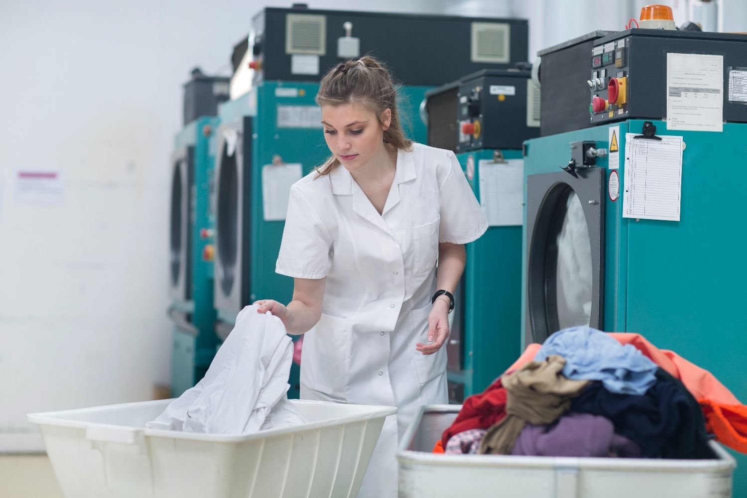 Commercial laundry worker sorting linens in an industrial laundry facility
